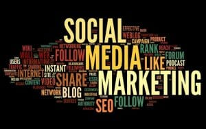 Social media marketing concept in word tag cloud on black background